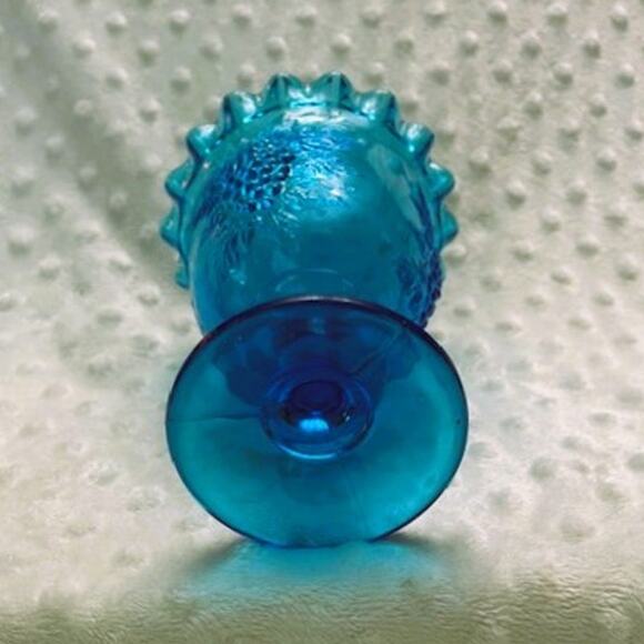 Vintage L E Smith Turquoise Blue, Grape Pattern, Crimped Rim, Footed Candy Dish - Picture 3 of 6